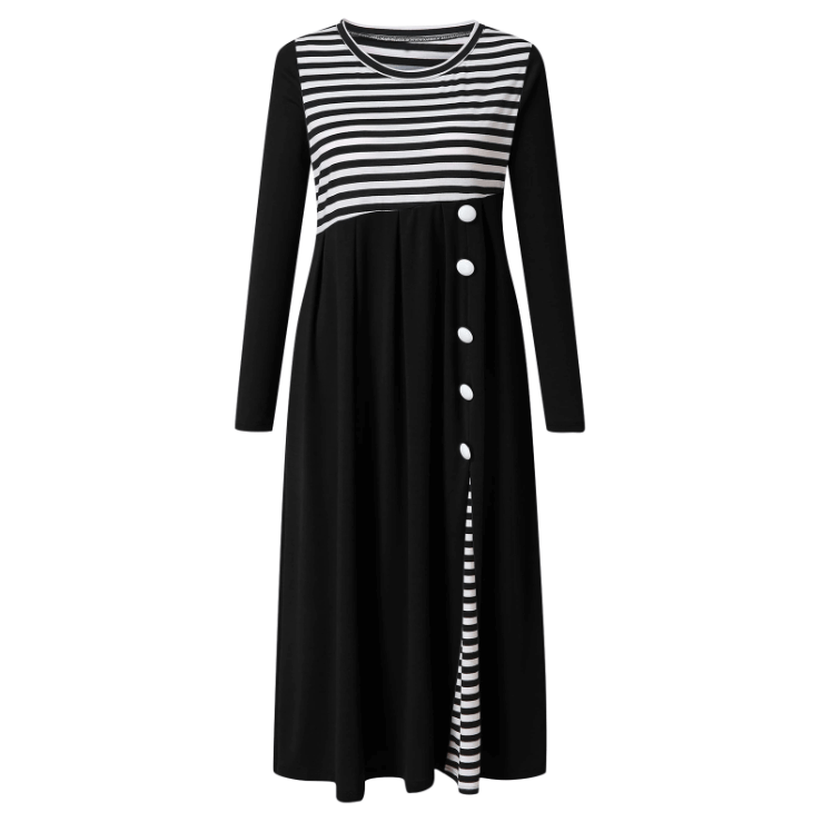 Gestreiftes Langärmeliges Patchwork-Kleid Für Damen