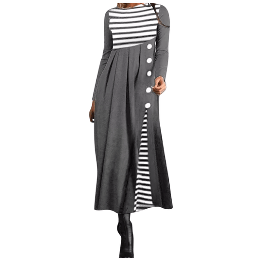 Gestreiftes Langärmeliges Patchwork-Kleid Für Damen