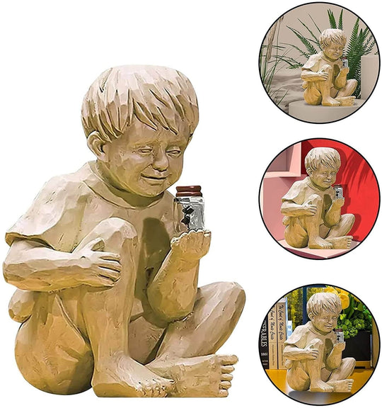 Kinder Mit Solar-Glühwürmchen Gartenstatuen
