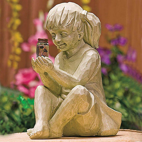 Kinder Mit Solar-Glühwürmchen Gartenstatuen
