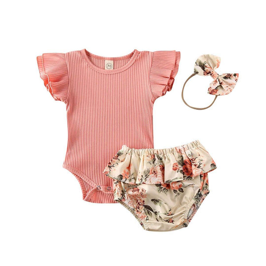 Ruffled Geripptes Floral Shorts Set