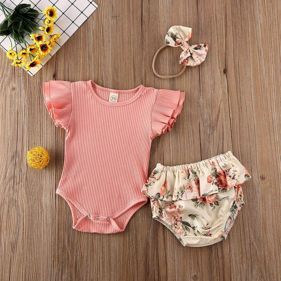 Ruffled Geripptes Floral Shorts Set