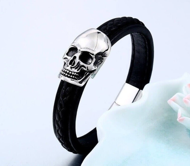 Stahl-Punk-Totenkopf-Lederarmband