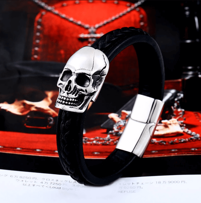 Stahl-Punk-Totenkopf-Lederarmband