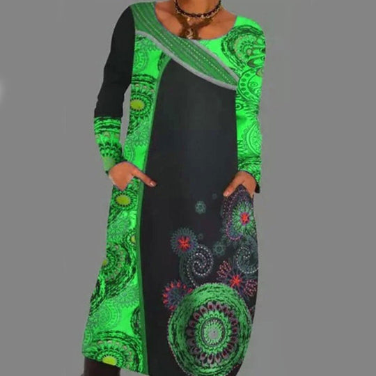Vintage Print Pullover Kleid Mit Taschen