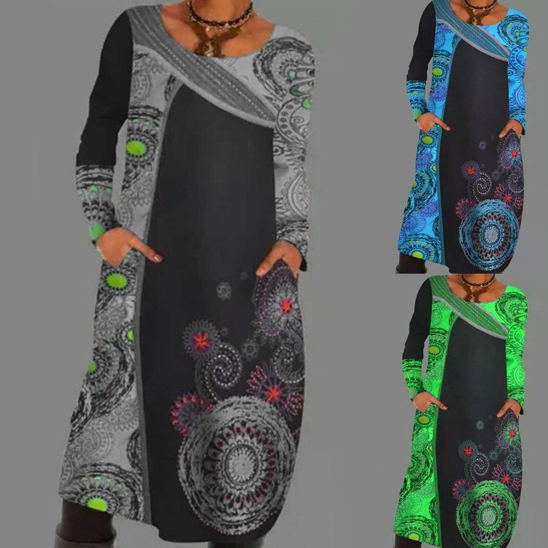 Vintage Print Pullover Kleid Mit Taschen