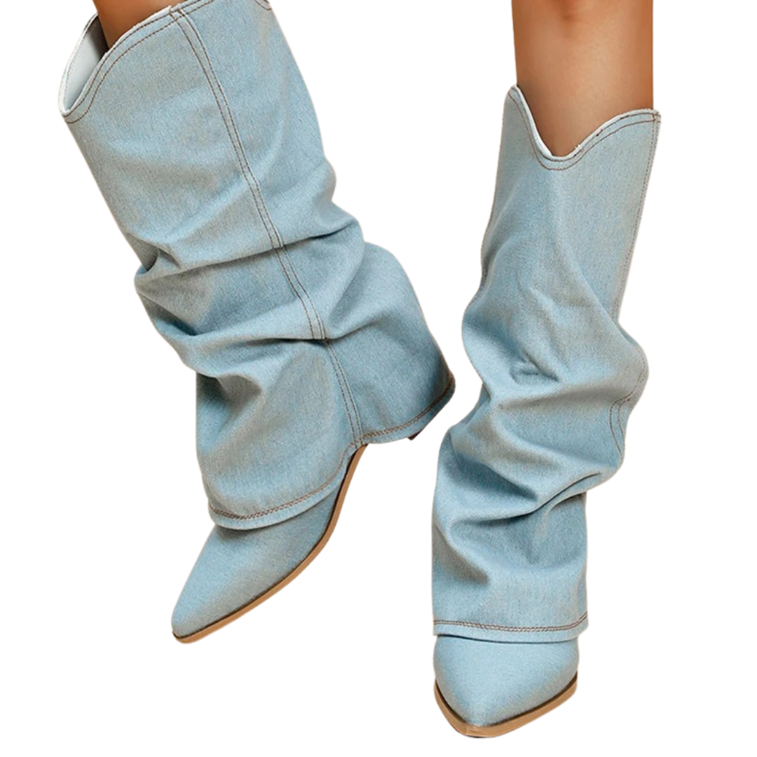 Denim-Stiefel für Frauen mit Blockabsätzen