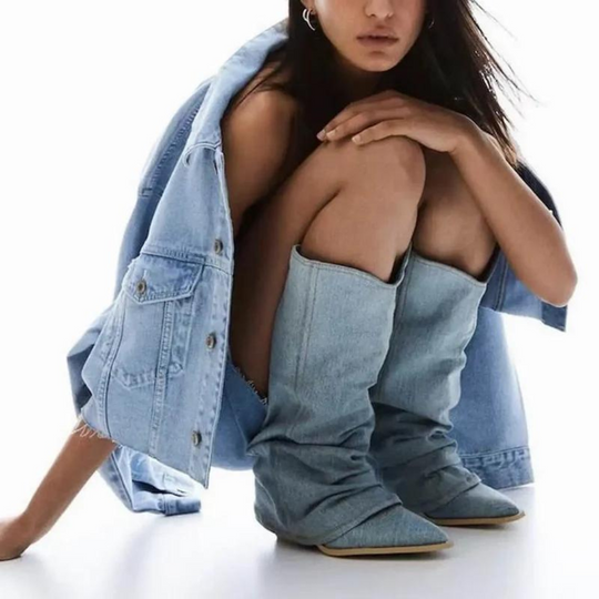 Denim-Stiefel für Frauen mit Blockabsätzen