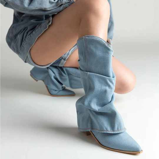 Denim-Stiefel für Frauen mit Blockabsätzen