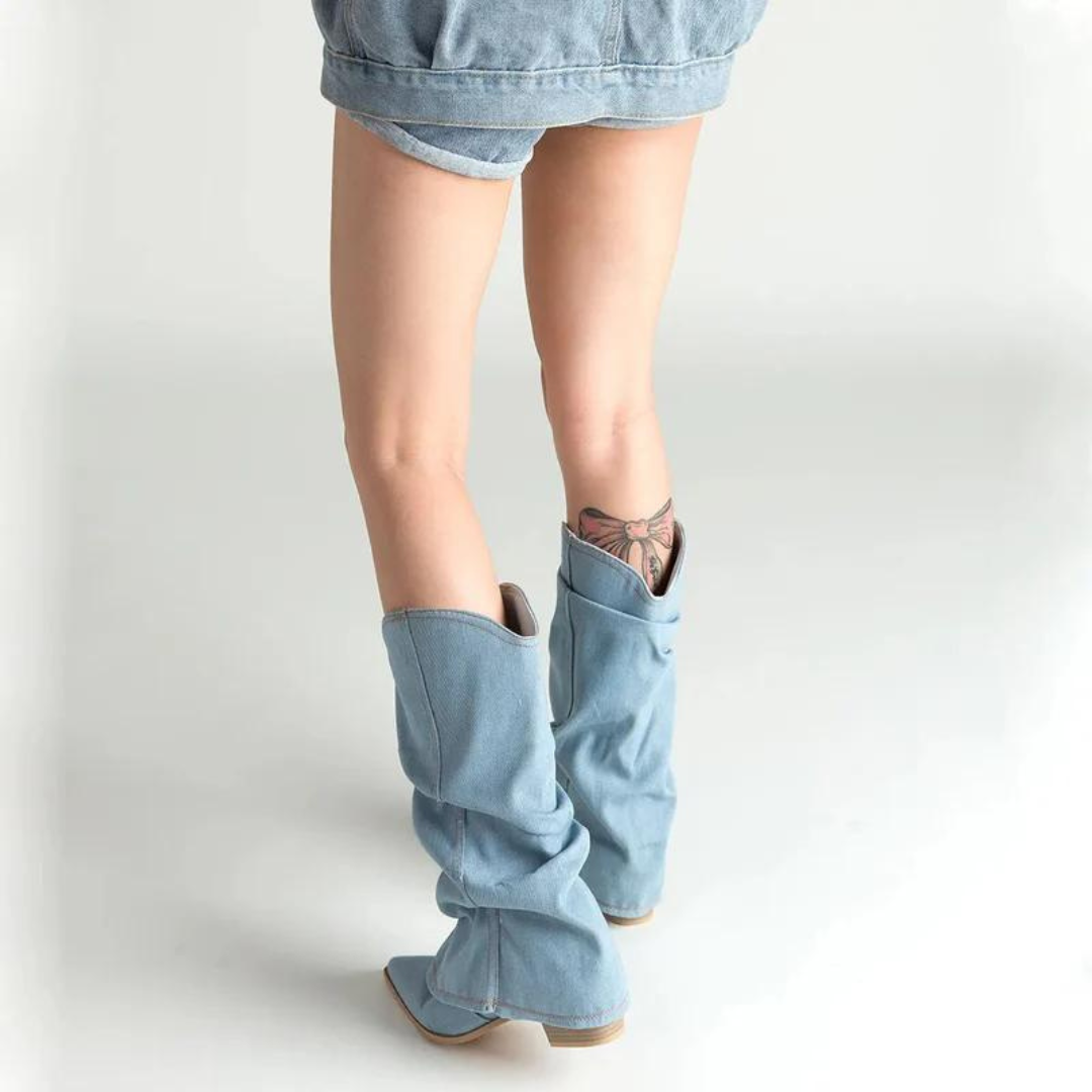 Denim-Stiefel für Frauen mit Blockabsätzen