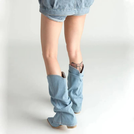 Denim-Stiefel für Frauen mit Blockabsätzen