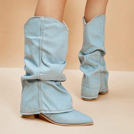 Denim-Stiefel für Frauen mit Blockabsätzen