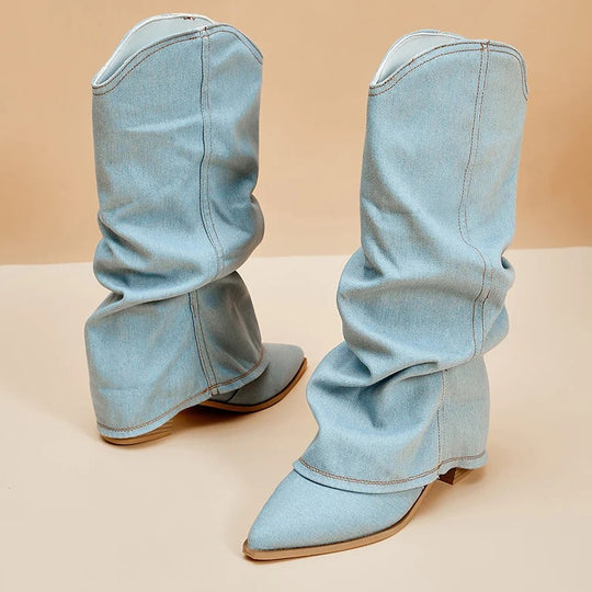 Denim-Stiefel für Frauen mit Blockabsätzen