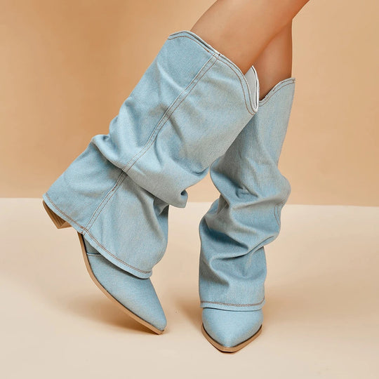 Denim-Stiefel für Frauen mit Blockabsätzen