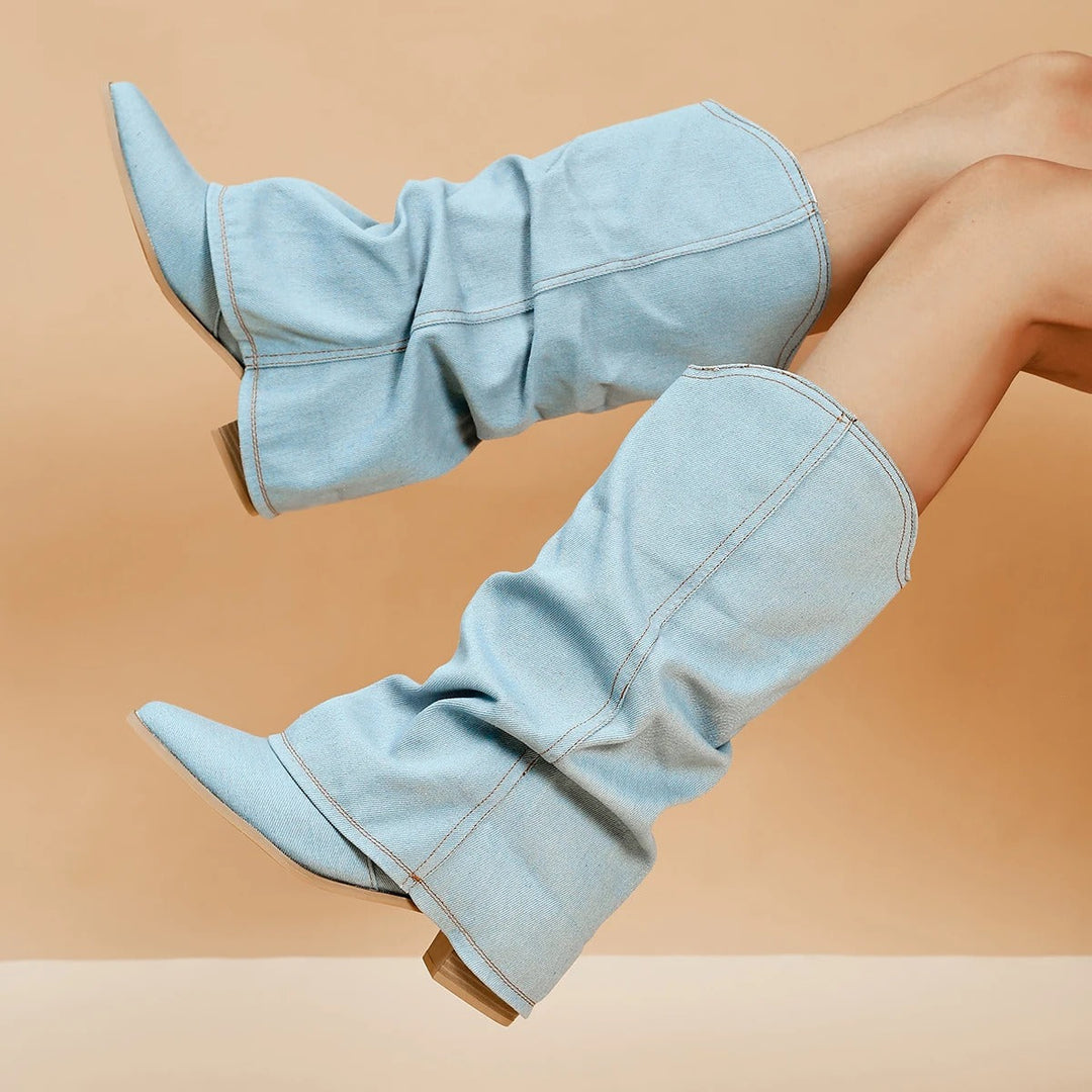 Denim-Stiefel für Frauen mit Blockabsätzen