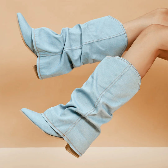 Denim-Stiefel für Frauen mit Blockabsätzen